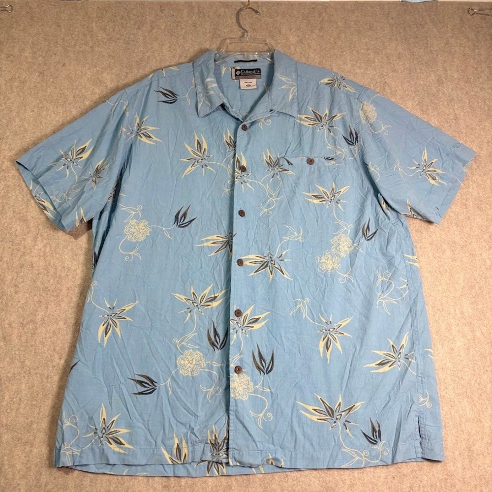 Columbia Shirt Mens XXL Blue Silk Cotton Floral Short Sleeve Camp Coastal AM7184